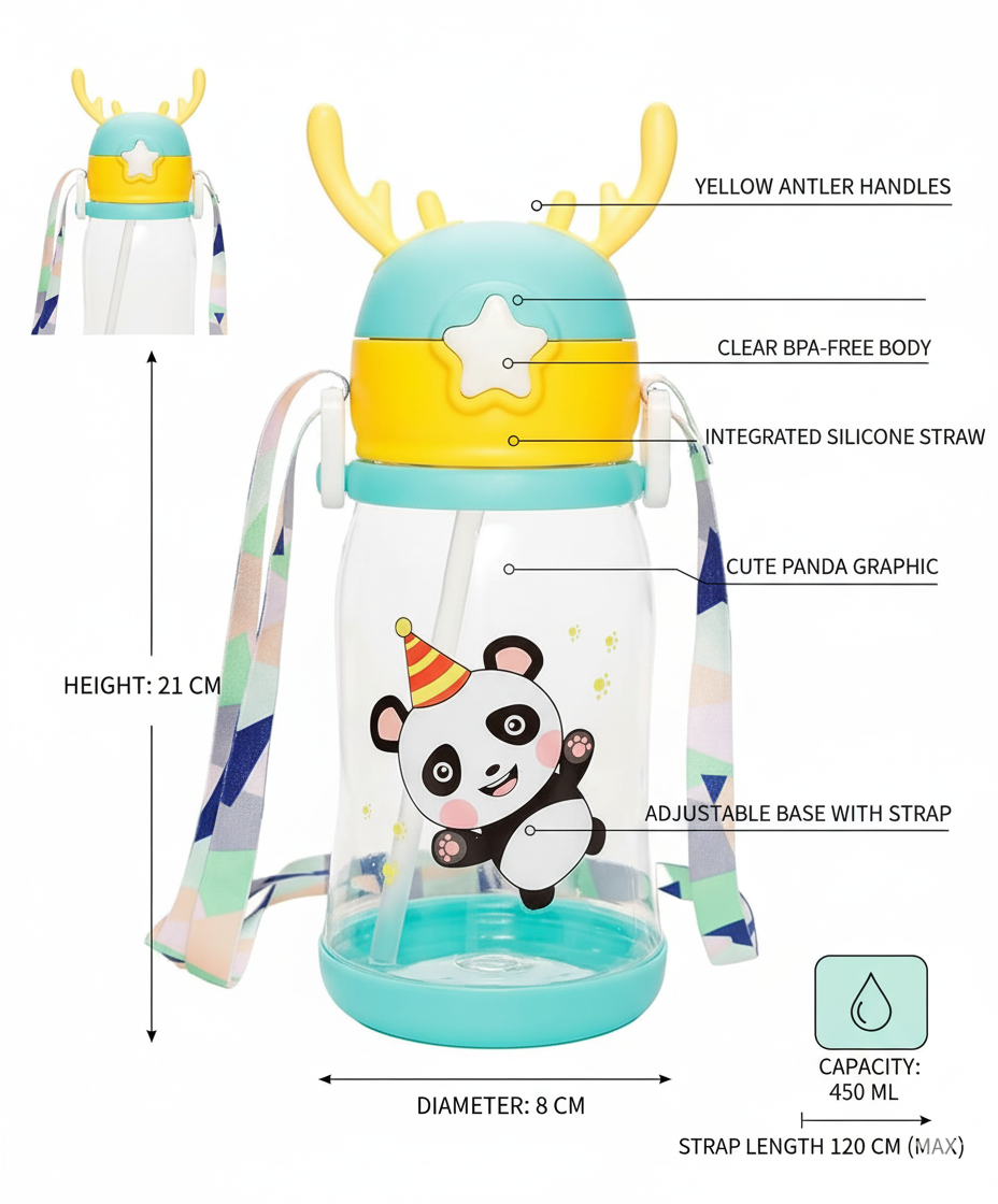krezcoo 600ml kids water bottle | cute cartoon animal design | bpa free, leak proof & easy to carry