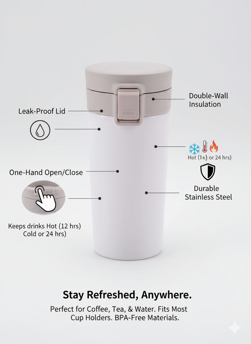 hot ’n’ cool buddy – krezcoo 300ml stainless steel travel mug | coffee & tea thermos flask white ( pack of 1)
