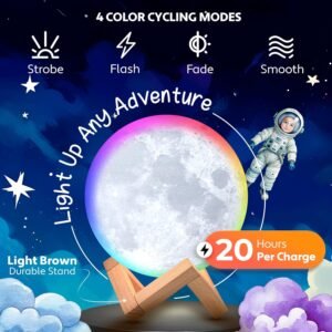 krezcoo 3d moon lamp 16 led colors, dimmable, rechargeable night light (standard, 4.7in) with wooden stand, remote & touch control