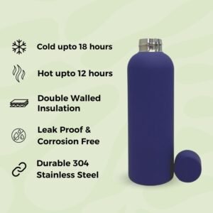 krezcoo 500ml matte finish stainless steel water bottle | vacuum insulated travel bottle | 12 hrs hot & 18 hrs cold | smooth rubber finish water bottle (green)