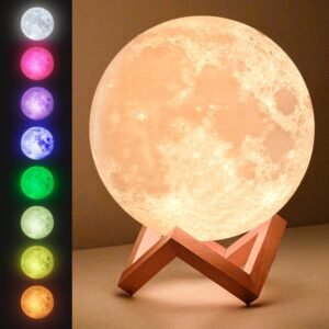 krezcoo 3d moon lamp 16 led colors, dimmable, rechargeable night light (standard, 4.7in) with wooden stand, remote & touch control
