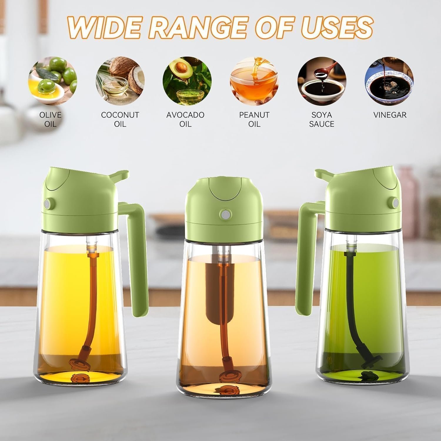 krezcoo 2 in 1 glass oil dispenser bottle with pump sprayer and green handle, leakproof container for olive oil, vinegar, and soy sauce.