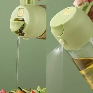 krezcoo 2 in 1 glass oil dispenser bottle with pump sprayer and green handle, leakproof container for olive oil, vinegar, and soy sauce.