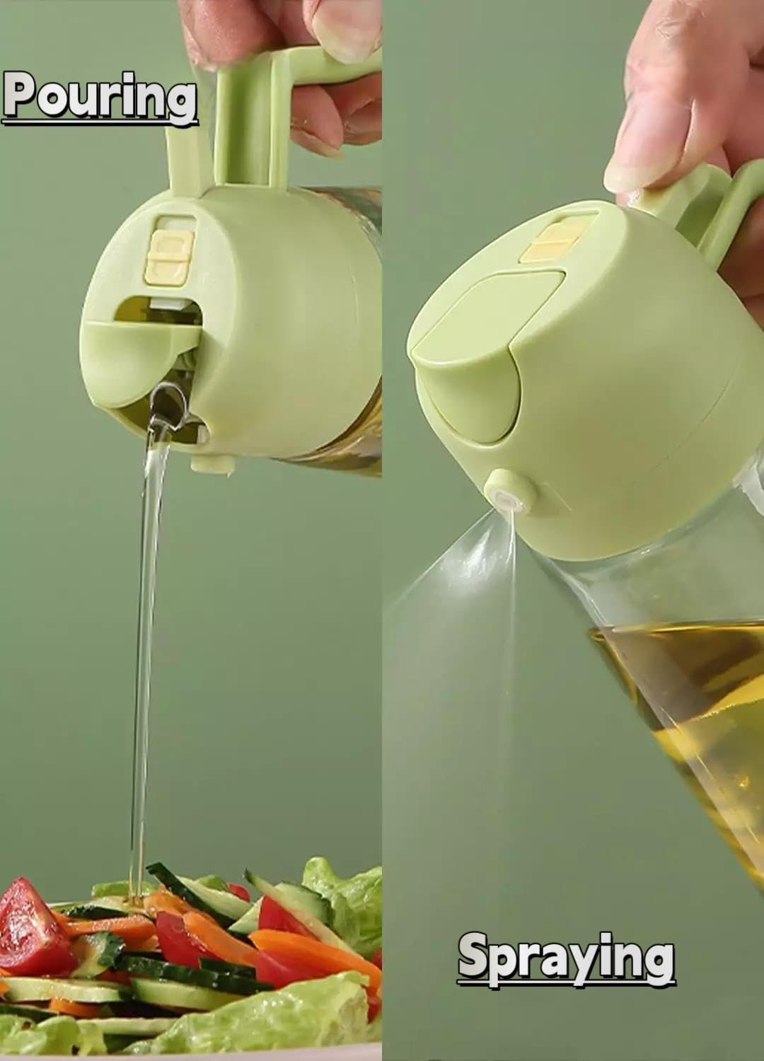 krezcoo 2 in 1 glass oil dispenser bottle with pump sprayer and green handle, leakproof container for olive oil, vinegar, and soy sauce.