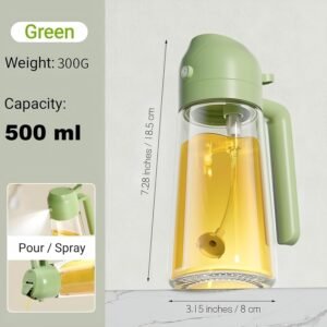 krezcoo 2 in 1 glass oil dispenser bottle with pump sprayer and green handle, leakproof container for olive oil, vinegar, and soy sauce.