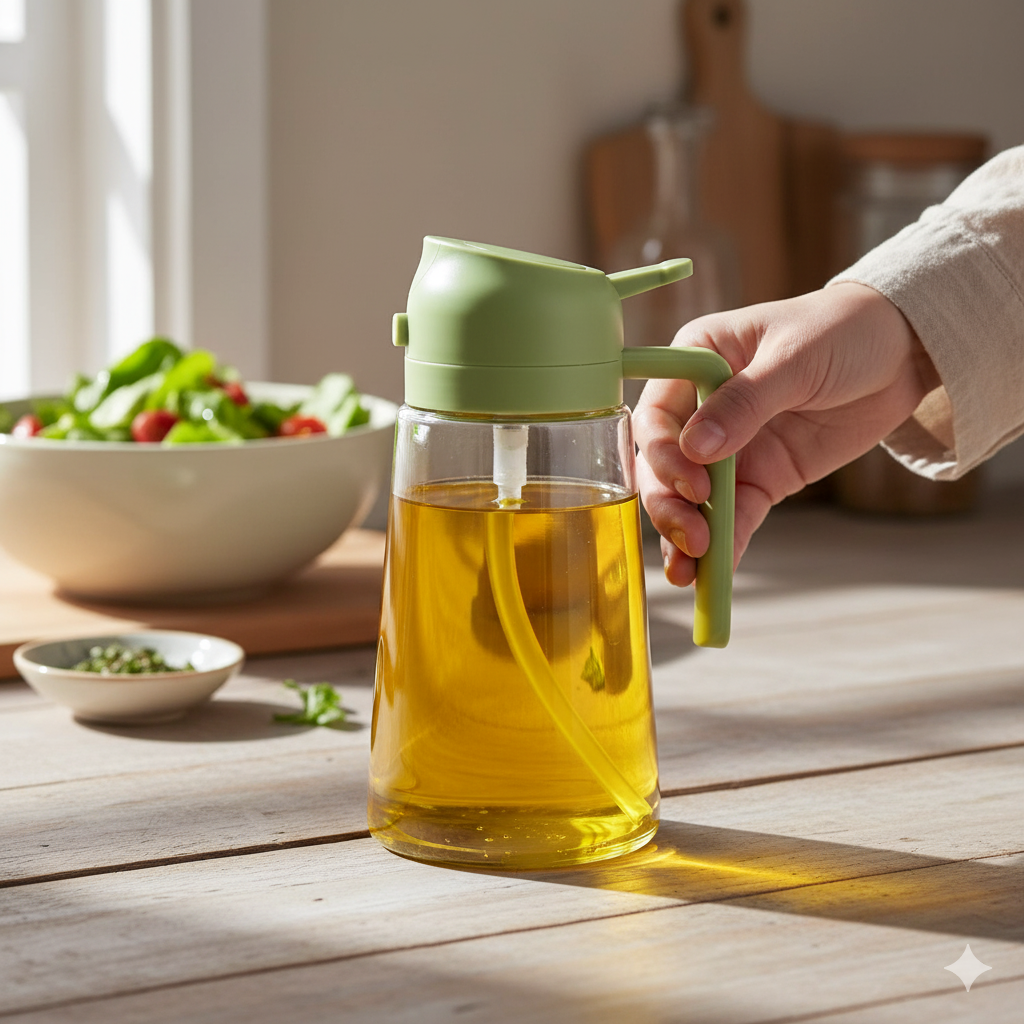 krezcoo 2 in 1 glass oil dispenser bottle with pump sprayer and green handle, leakproof container for olive oil, vinegar, and soy sauce.