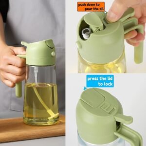krezcoo 2 in 1 glass oil dispenser bottle with pump sprayer and green handle, leakproof container for olive oil, vinegar, and soy sauce.