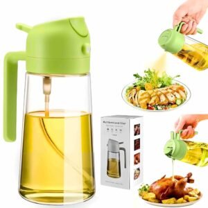 krezcoo 2 in 1 glass oil dispenser bottle with pump sprayer and green handle, leakproof container for olive oil, vinegar, and soy sauce.