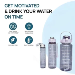 krezcoo plastic set of 3 transparent water bottle 2000ml, 900ml, 300ml with motivational time marker, leakproof durable sipper water bottle for office
