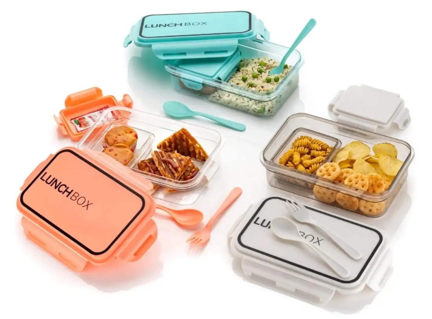 lunch box | plastic tiffin box with 2 airtight food containers, 2 spoons, and stylish lid made with heavy plastic material bpa free ideal for school, college, office